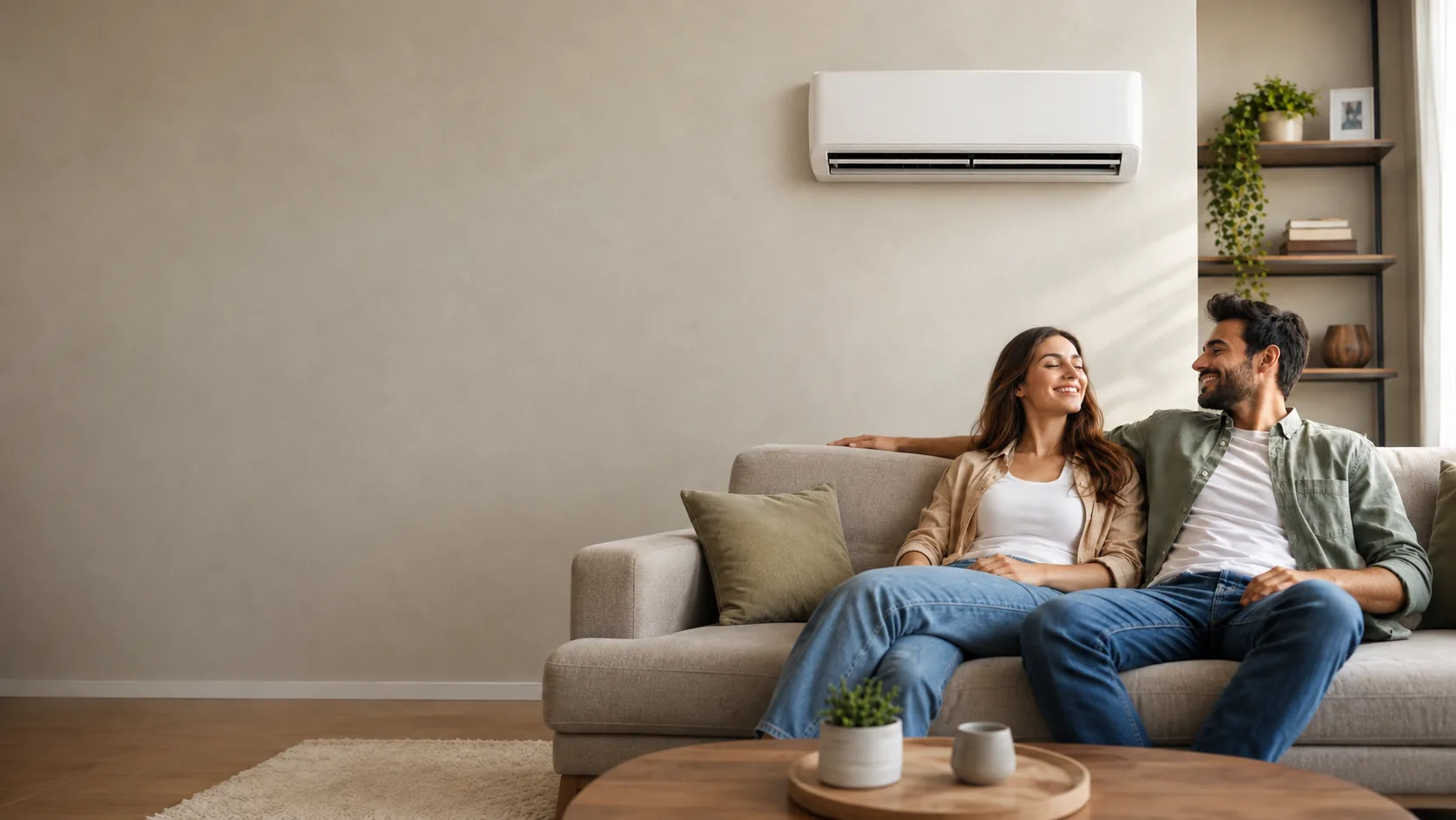 Casal relaxado no sofá de uma sala climatizada por split de parede