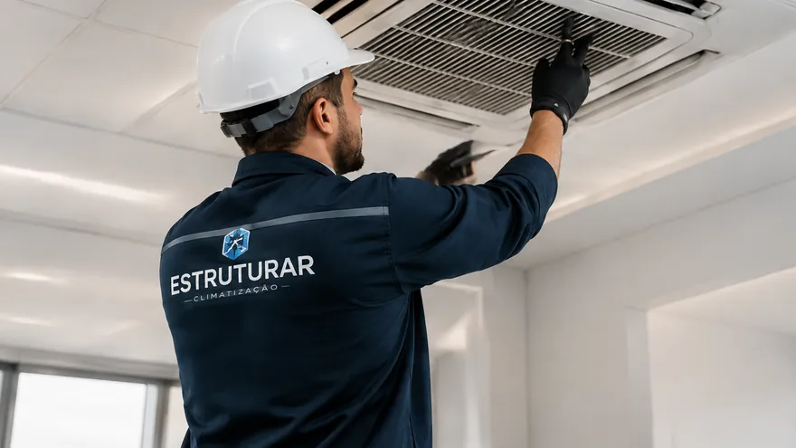 Técnico da Estruturar instalando a evaporadora de um split de teto