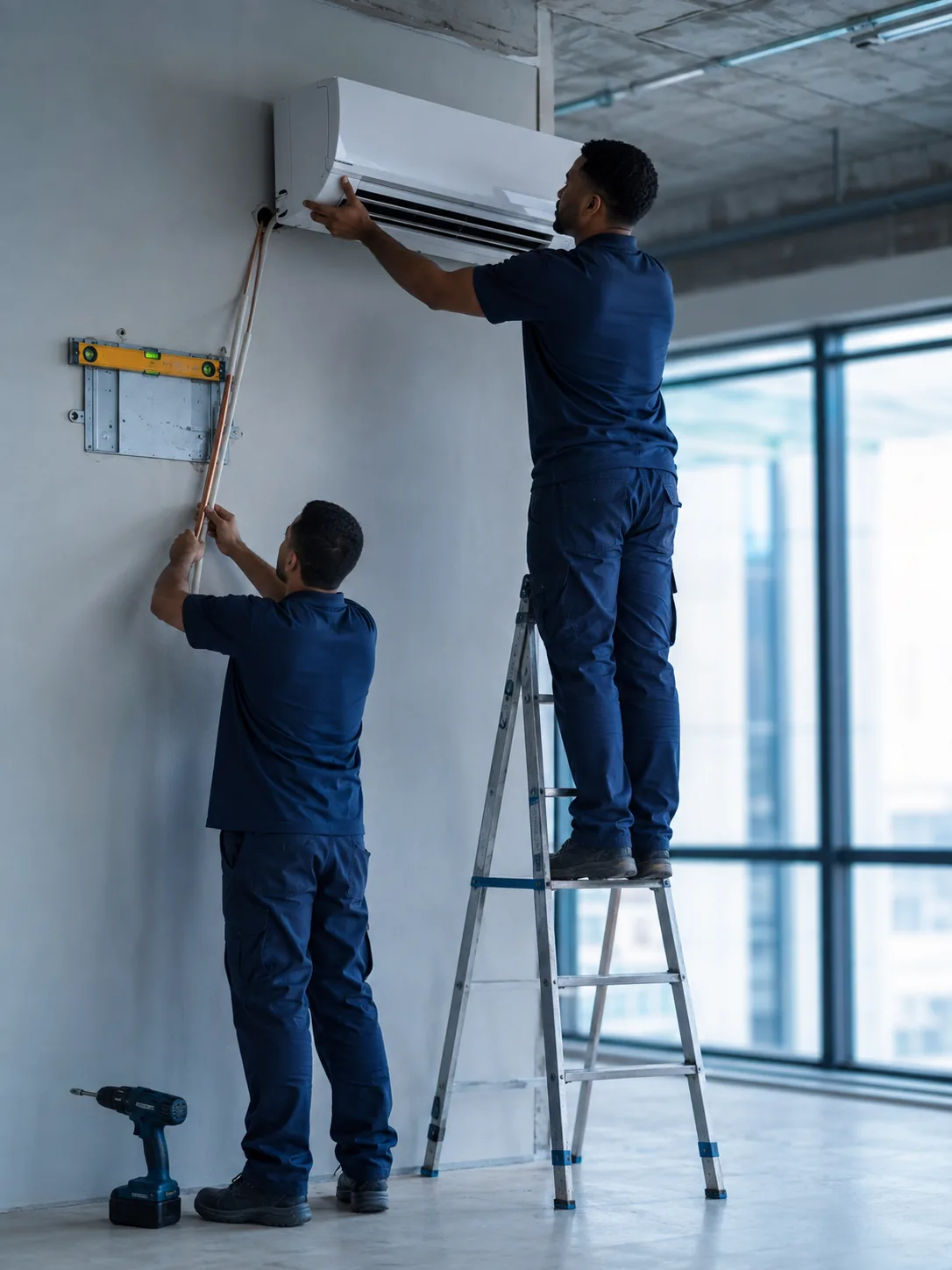 Dois técnicos instalando a evaporadora de um split