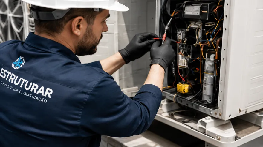 Técnico fazendo manutenção na parte interna de uma unidade de ar-condicionado