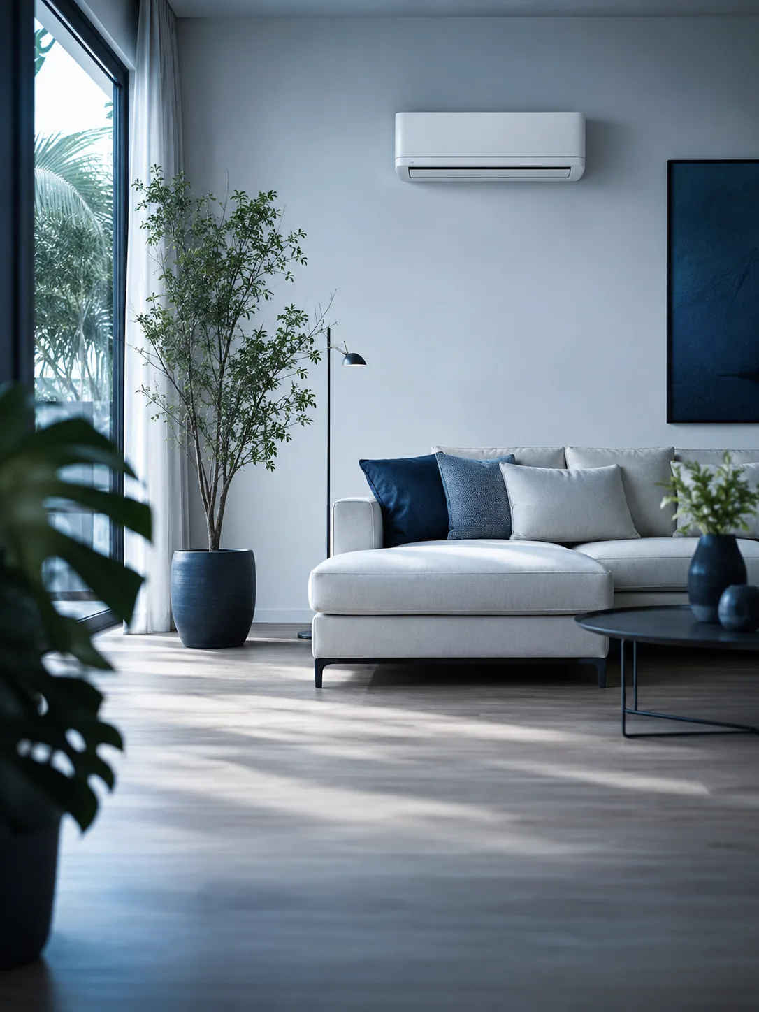Sala de estar residencial climatizada com split de parede